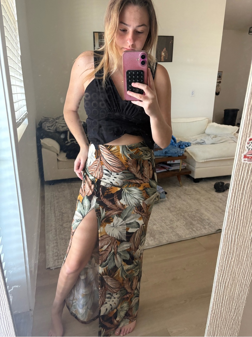 Windsor Tropical Leaf Maxi Skirt with Side Slit - Brown/Green/Yellow